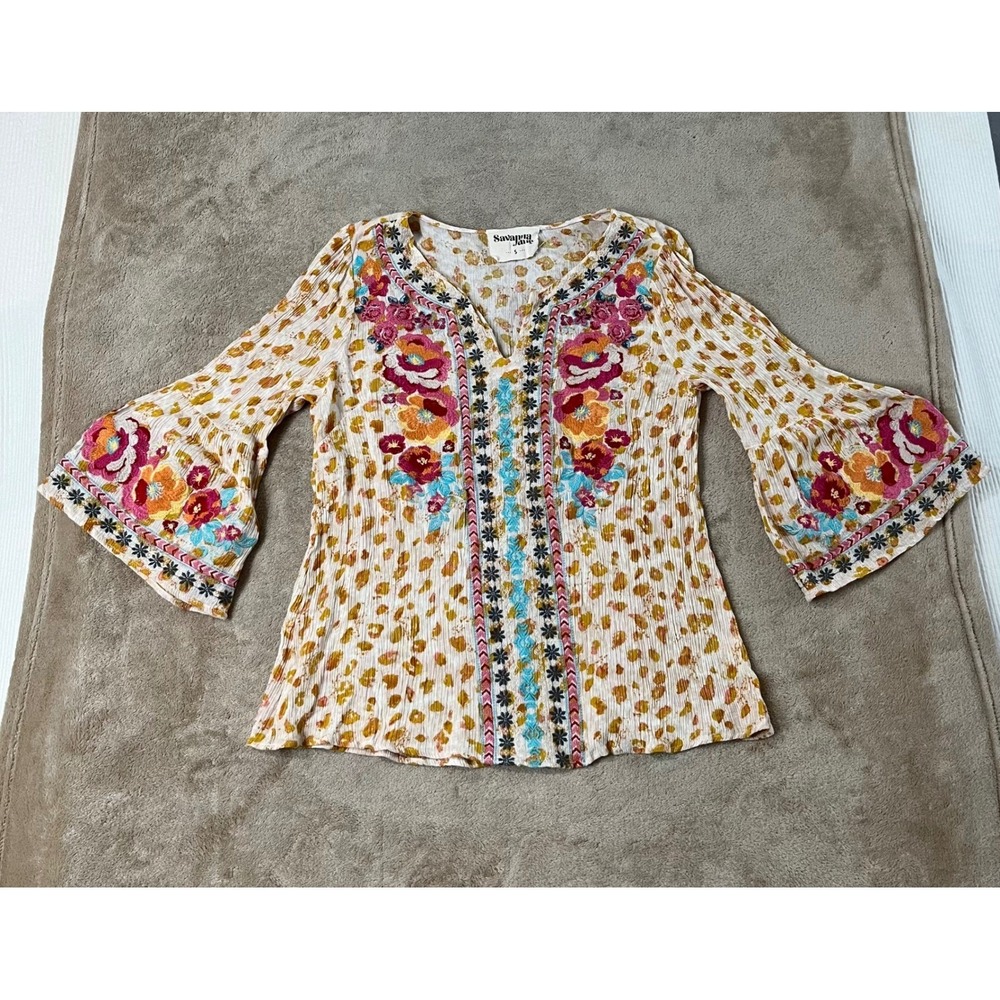Savanna Jane Women Small Top Embroidered Split Neck‎ Multicolor Boho Blouse EUC